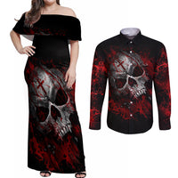 Skull Couples Matching Off Shoulder Maxi Dress and Long Sleeve Button Shirts Bloody Skull Scream - Wonder Print Shop