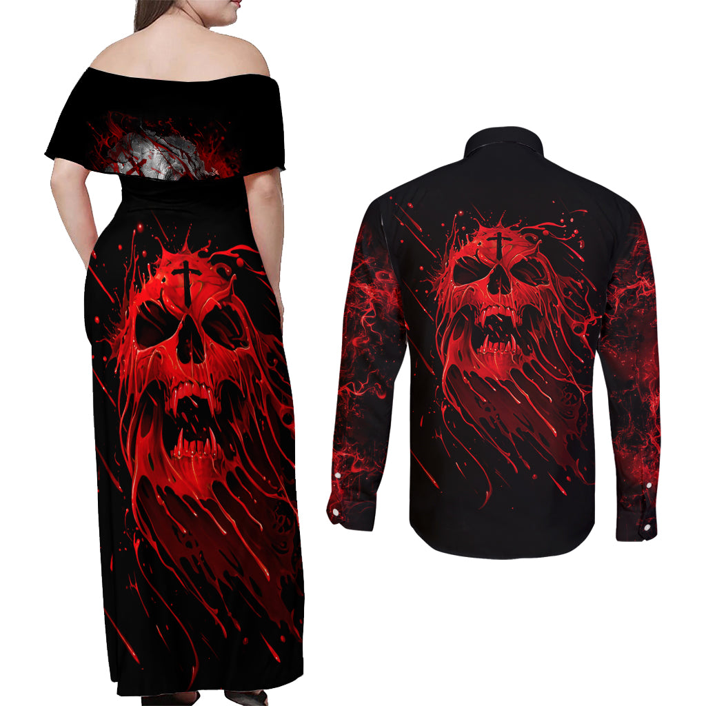 Skull Couples Matching Off Shoulder Maxi Dress and Long Sleeve Button Shirts Bloody Skull Scream - Wonder Print Shop