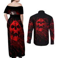 Skull Couples Matching Off Shoulder Maxi Dress and Long Sleeve Button Shirts Bloody Skull Scream - Wonder Print Shop