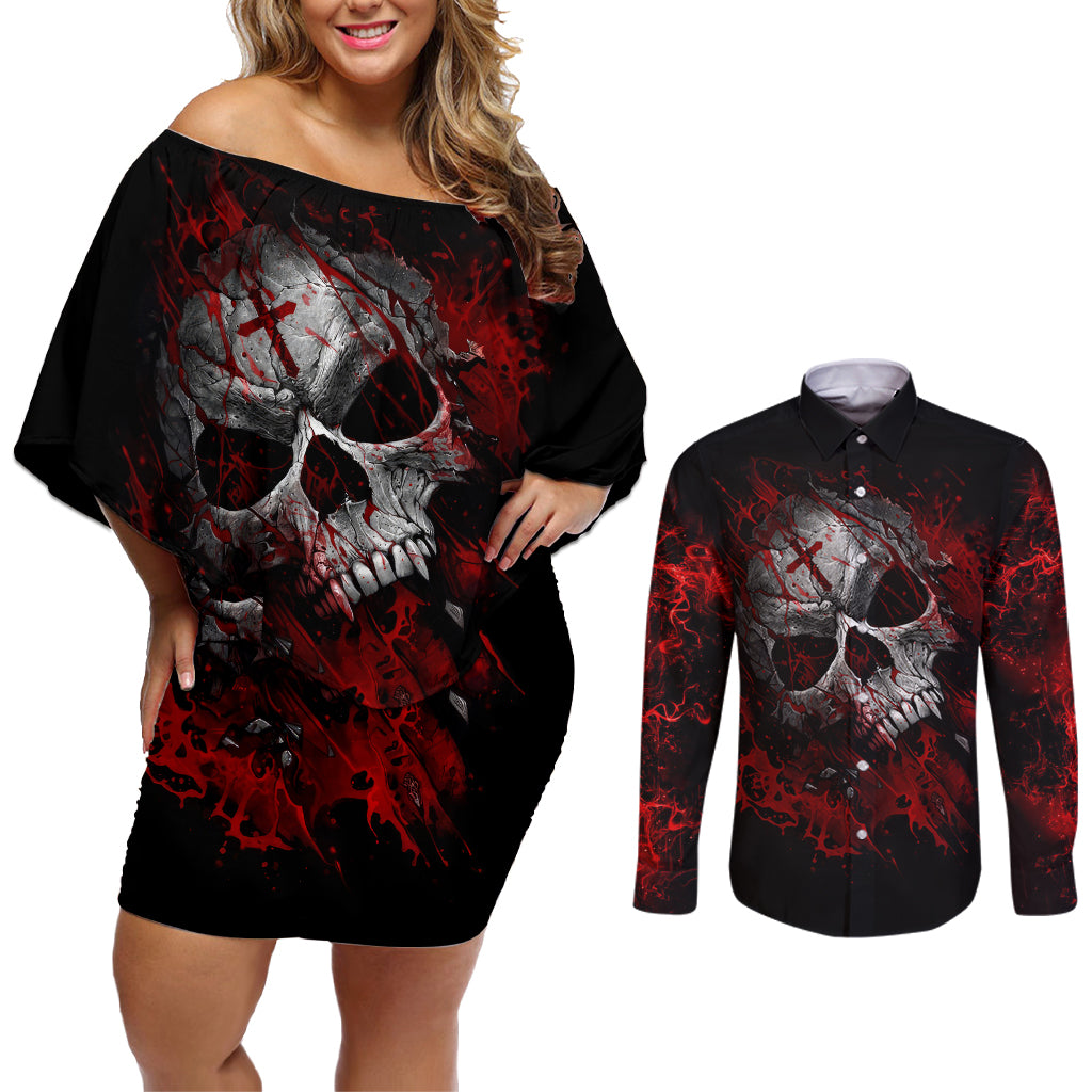 Skull Couples Matching Off Shoulder Short Dress and Long Sleeve Button Shirts Bloody Skull Scream - Wonder Print Shop