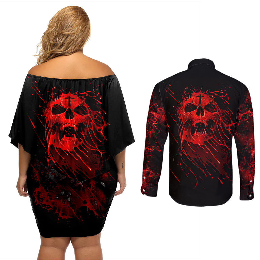 Skull Couples Matching Off Shoulder Short Dress and Long Sleeve Button Shirts Bloody Skull Scream - Wonder Print Shop