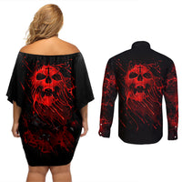 Skull Couples Matching Off Shoulder Short Dress and Long Sleeve Button Shirts Bloody Skull Scream - Wonder Print Shop