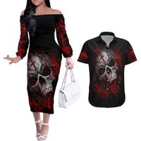 Skull Couples Matching Off The Shoulder Long Sleeve Dress and Hawaiian Shirt Bloody Skull Scream - Wonder Print Shop