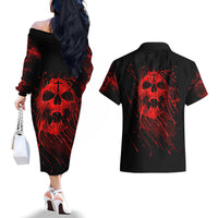 Skull Couples Matching Off The Shoulder Long Sleeve Dress and Hawaiian Shirt Bloody Skull Scream - Wonder Print Shop