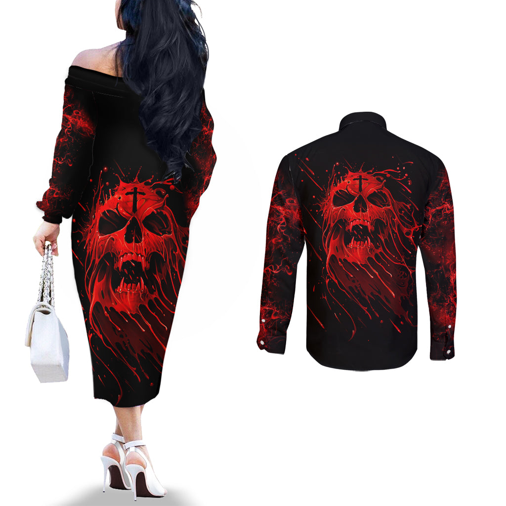 Skull Couples Matching Off The Shoulder Long Sleeve Dress and Long Sleeve Button Shirts Bloody Skull Scream DT01