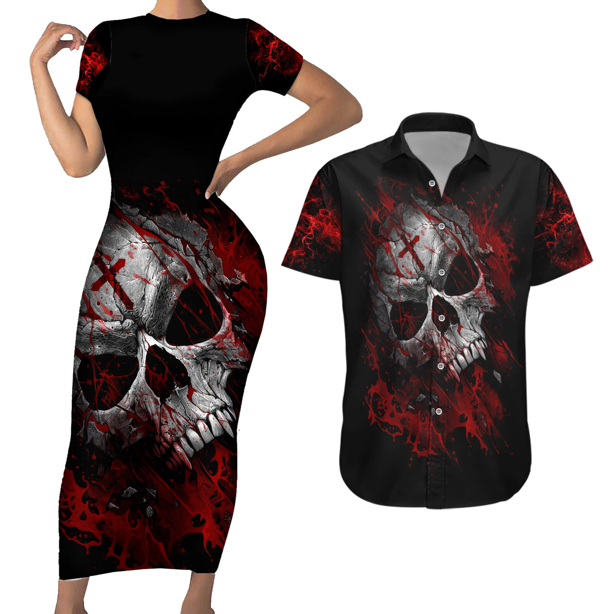Skull Couples Matching Short Sleeve Bodycon Dress and Hawaiian Shirt Bloody Skull Scream - Wonder Print Shop