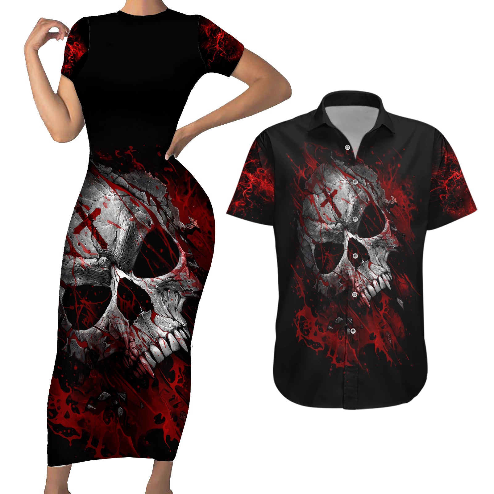 Skull Couples Matching Short Sleeve Bodycon Dress and Hawaiian Shirt Bloody Skull Scream - Wonder Print Shop