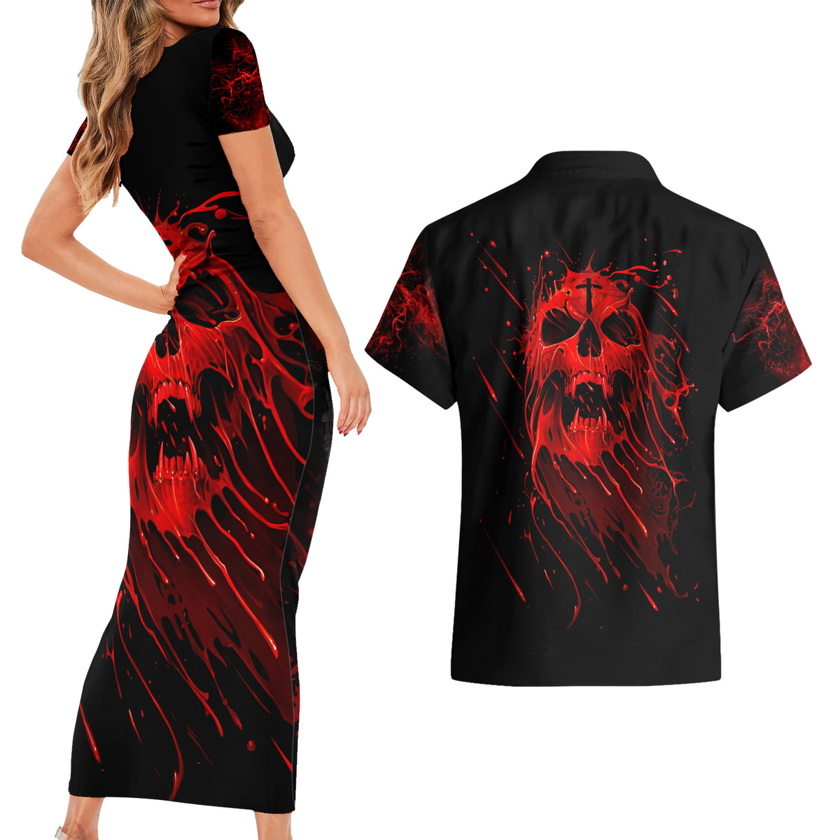 Skull Couples Matching Short Sleeve Bodycon Dress and Hawaiian Shirt Bloody Skull Scream - Wonder Print Shop