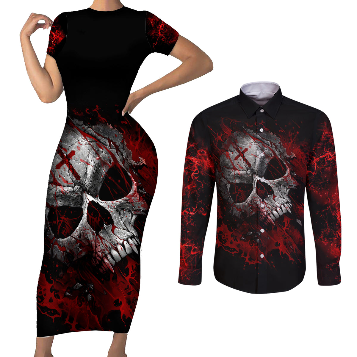 Skull Couples Matching Short Sleeve Bodycon Dress and Long Sleeve Button Shirts Bloody Skull Scream - Wonder Print Shop