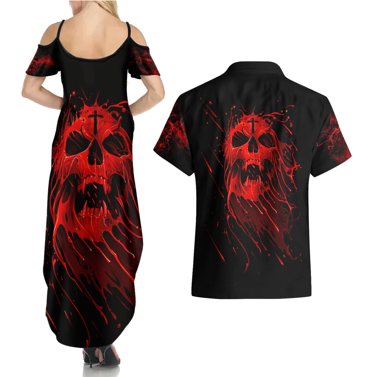 Skull Couples Matching Summer Maxi Dress and Hawaiian Shirt Bloody Skull Scream - Wonder Print Shop