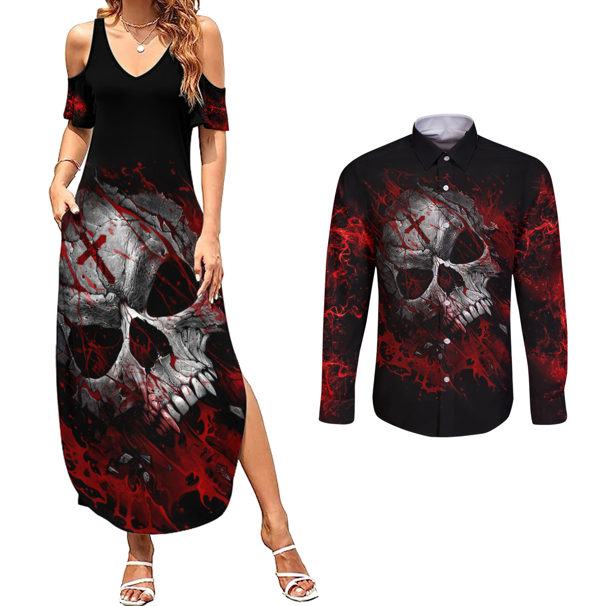 Skull Couples Matching Summer Maxi Dress and Long Sleeve Button Shirts Bloody Skull Scream - Wonder Print Shop