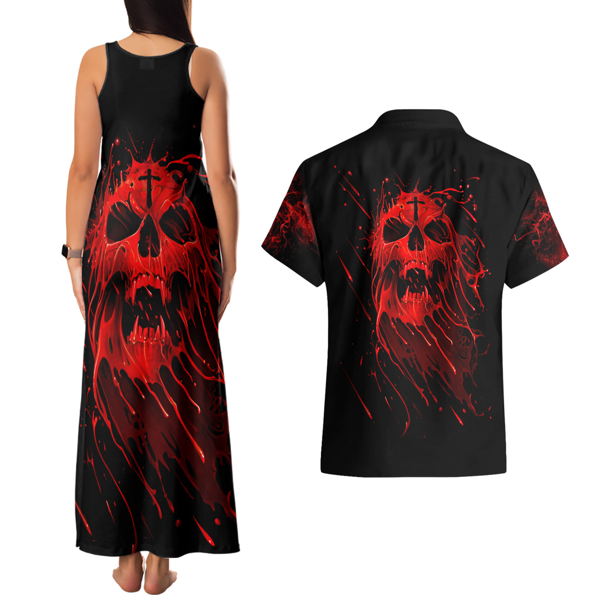 Skull Couples Matching Tank Maxi Dress And Hawaiian Shirt Bloody Skull Scream - Wonder Print Shop