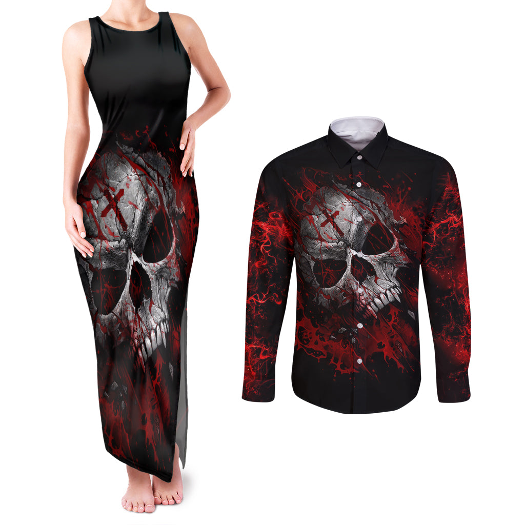 Skull Couples Matching Tank Maxi Dress and Long Sleeve Button Shirts Bloody Skull Scream - Wonder Print Shop