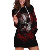 Black hoodie dress with white-and-red skull graphic, front pocket, drawstring hood