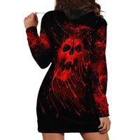 Black hoodie dress with large red skull back print, front pocket, drawstring hood