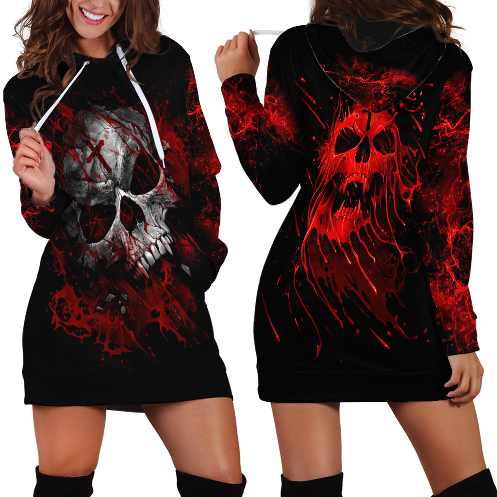 Hoodie dress on black base showing front and back red skull graphics with hood
