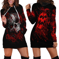 Hoodie dress on black base showing front and back red skull graphics with hood