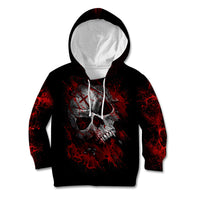 Black pullover hoodie with front skull graphic and red flame splatter