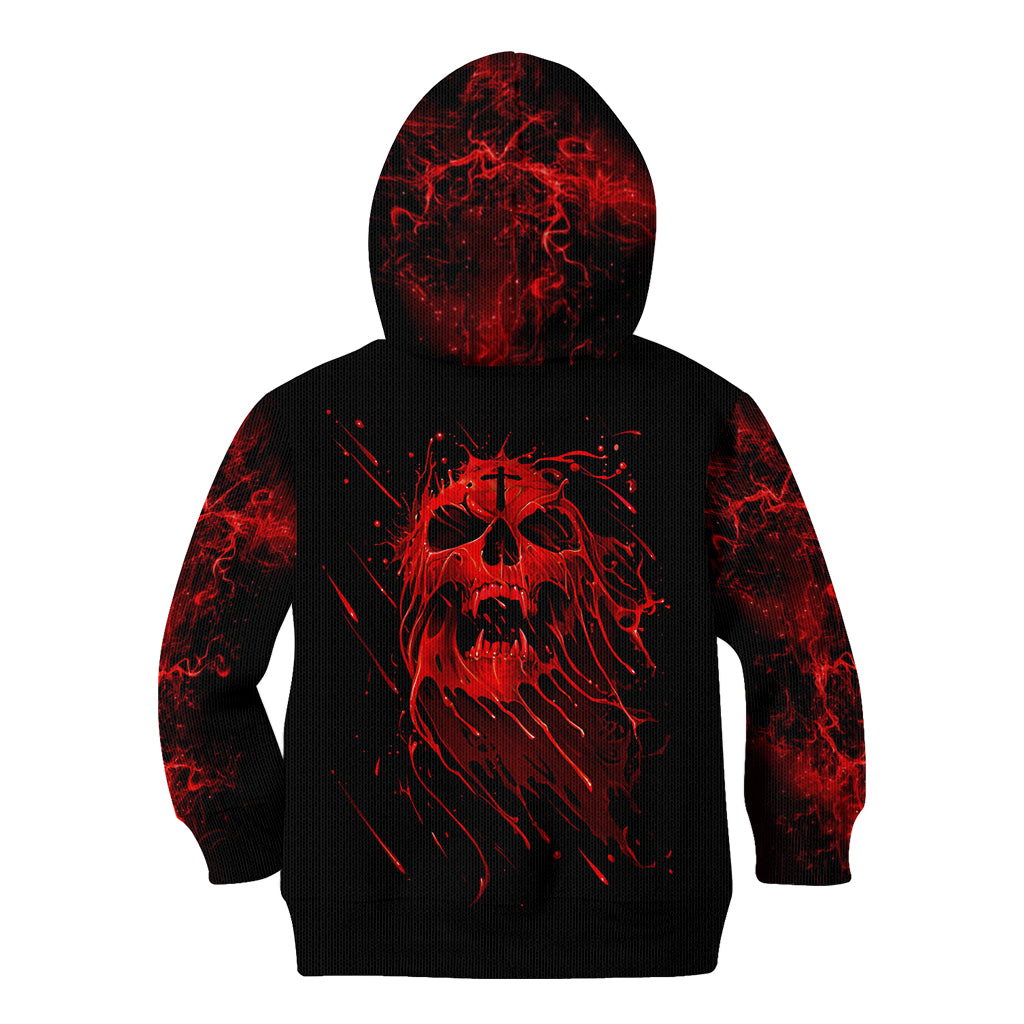 Black pullover hoodie with back skull graphic, red smoky accents, and hood