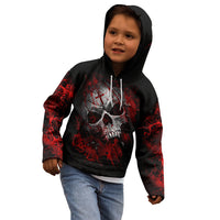 Black kids pullover hoodie with front skull graphic, red detailing, and drawstring hood