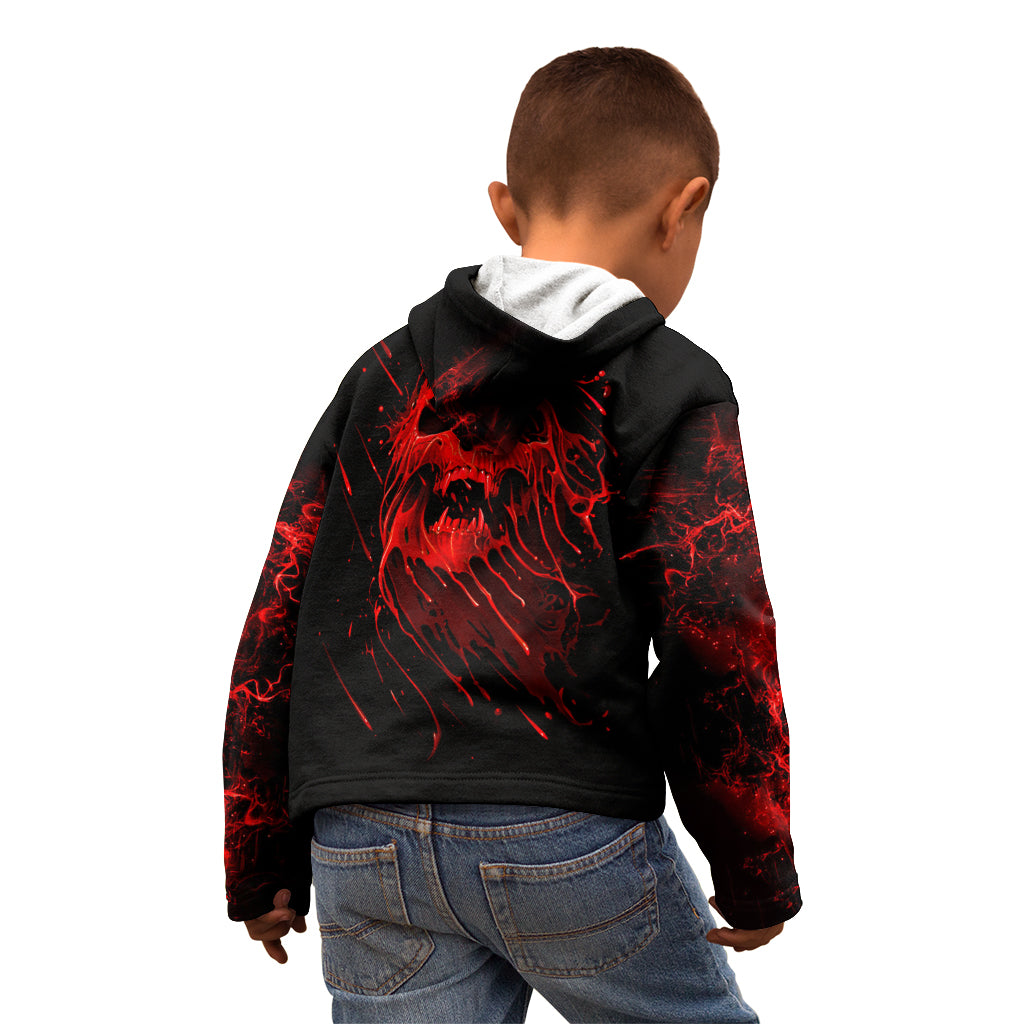 Black kids pullover hoodie with back skull graphic in red, hood and kangaroo pocket