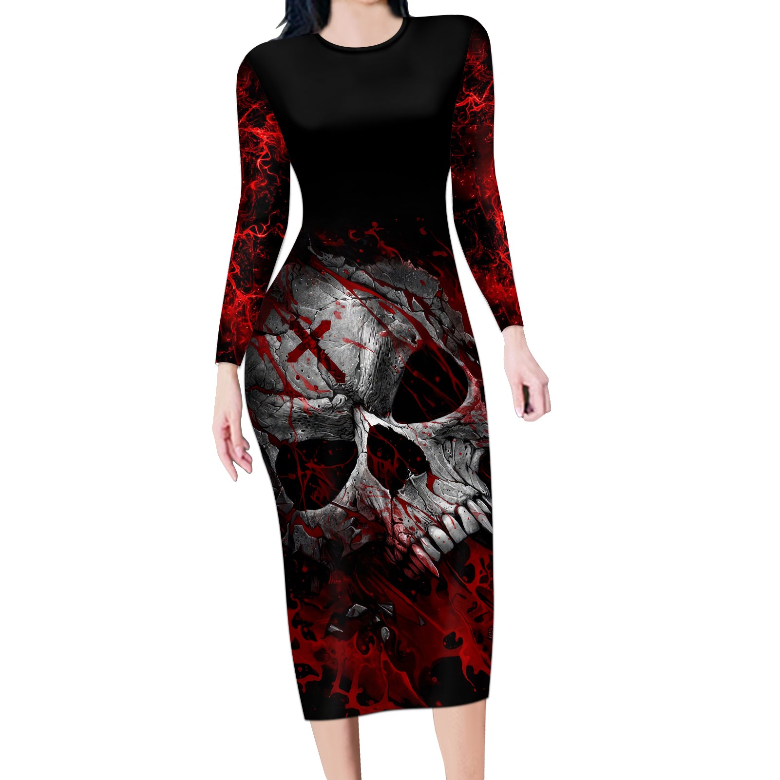 Skull Long Sleeve Bodycon Dress Bloody Skull Scream - Wonder Print Shop