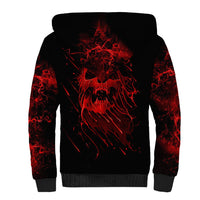 Unisex black sherpa hoodie with red skull graphic on back and gray cuffs, back view
