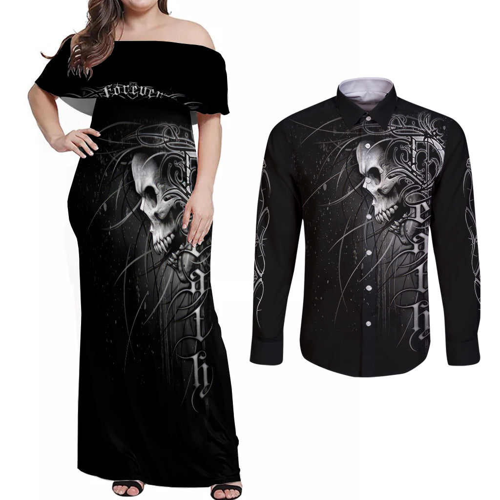 Skull Couples Matching Off Shoulder Maxi Dress and Long Sleeve Button Shirts Skull Death Forever - Wonder Print Shop
