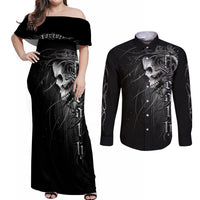 Skull Couples Matching Off Shoulder Maxi Dress and Long Sleeve Button Shirts Skull Death Forever - Wonder Print Shop