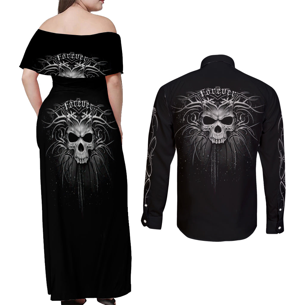 Skull Couples Matching Off Shoulder Maxi Dress and Long Sleeve Button Shirts Skull Death Forever - Wonder Print Shop