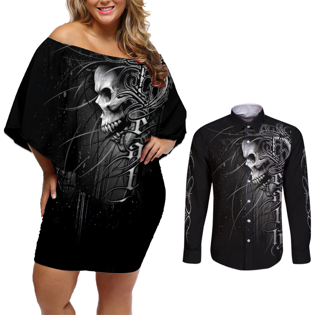 Skull Couples Matching Off Shoulder Short Dress and Long Sleeve Button Shirts Skull Death Forever - Wonder Print Shop
