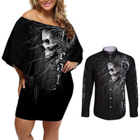 Skull Couples Matching Off Shoulder Short Dress and Long Sleeve Button Shirts Skull Death Forever - Wonder Print Shop