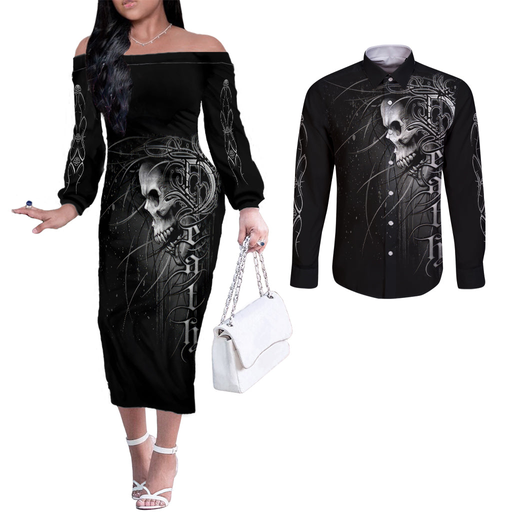 Skull Couples Matching Off The Shoulder Long Sleeve Dress and Long Sleeve Button Shirts Skull Death Forever DT01