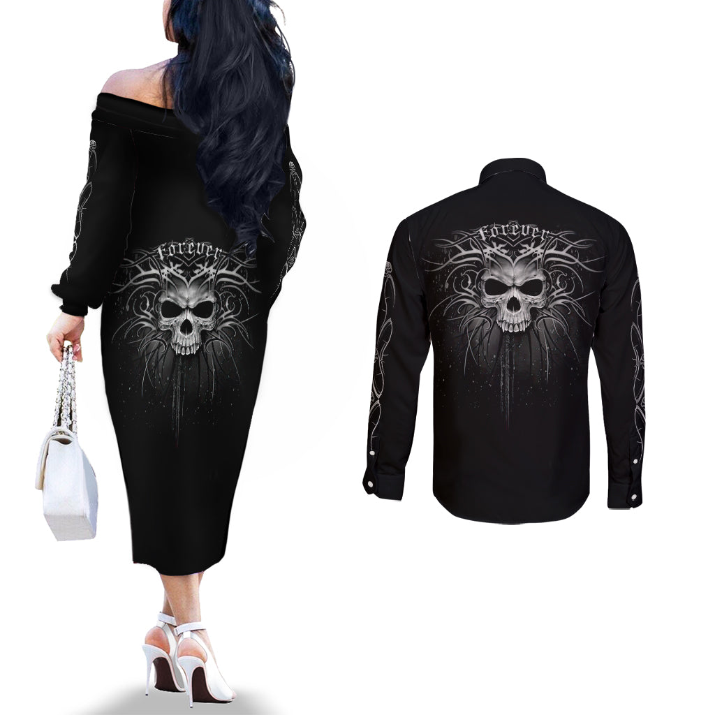 Skull Couples Matching Off The Shoulder Long Sleeve Dress and Long Sleeve Button Shirts Skull Death Forever DT01