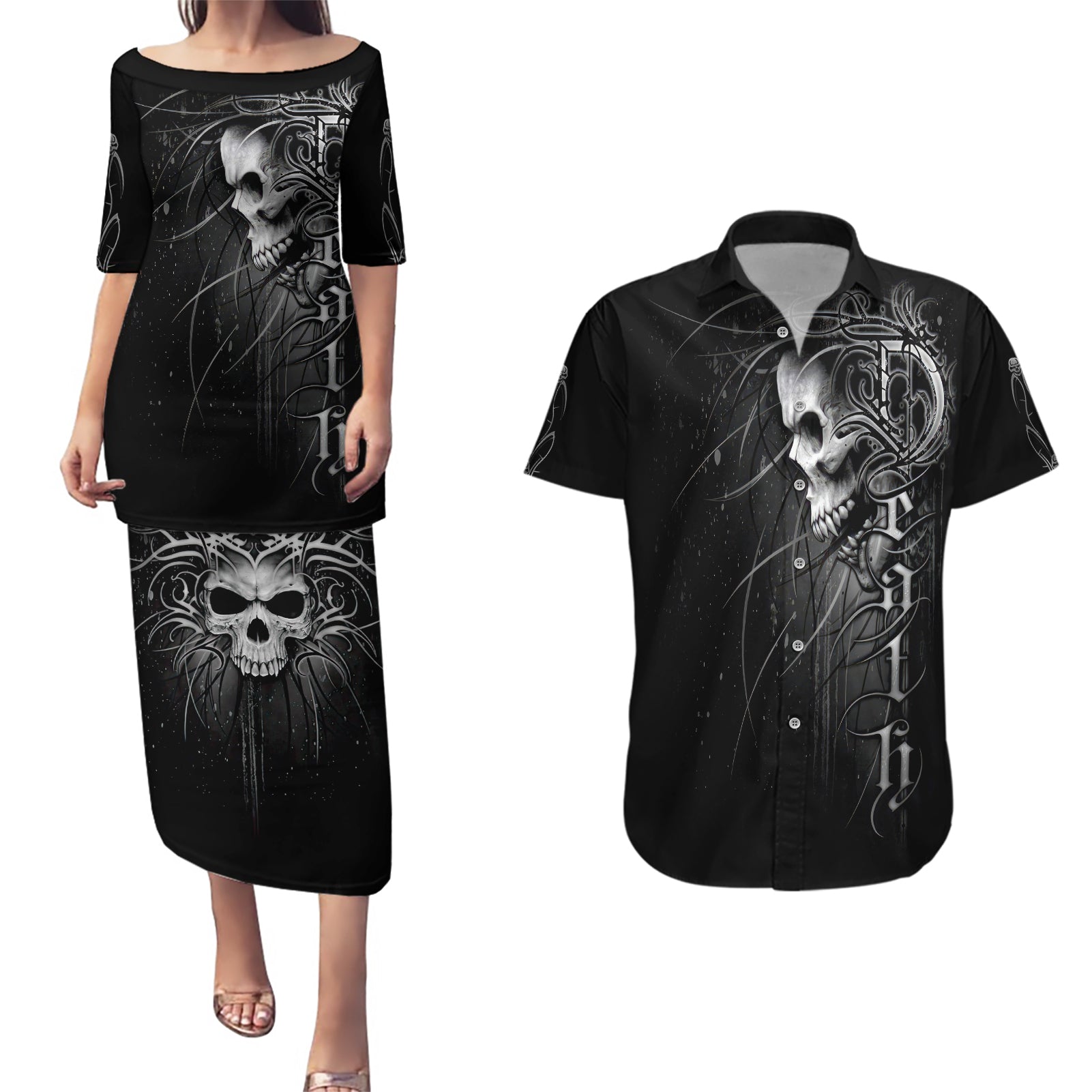 Skull Couples Matching Puletasi Dress and Hawaiian Shirt Skull Death Forever - Wonder Print Shop
