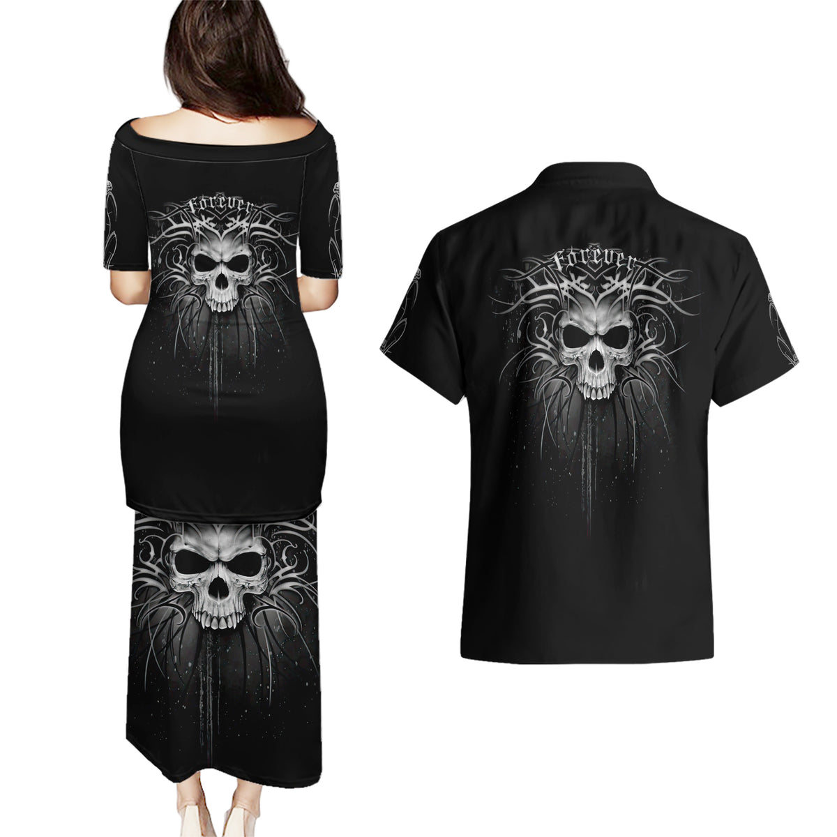 Skull Couples Matching Puletasi Dress and Hawaiian Shirt Skull Death Forever - Wonder Print Shop