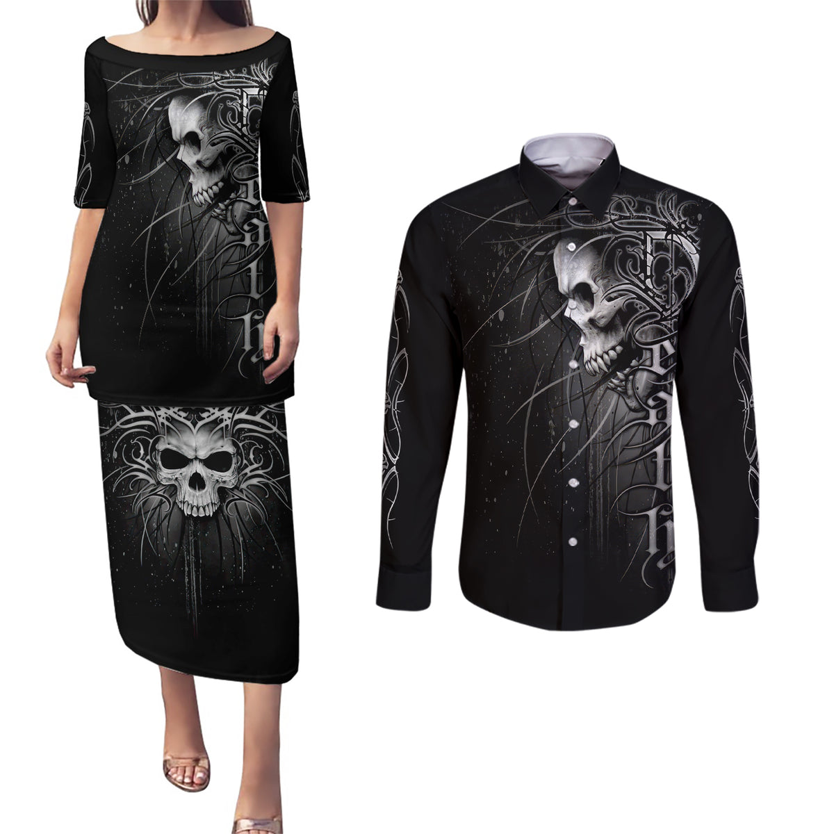 Skull Couples Matching Puletasi Dress and Long Sleeve Button Shirts Skull Death Forever - Wonder Print Shop