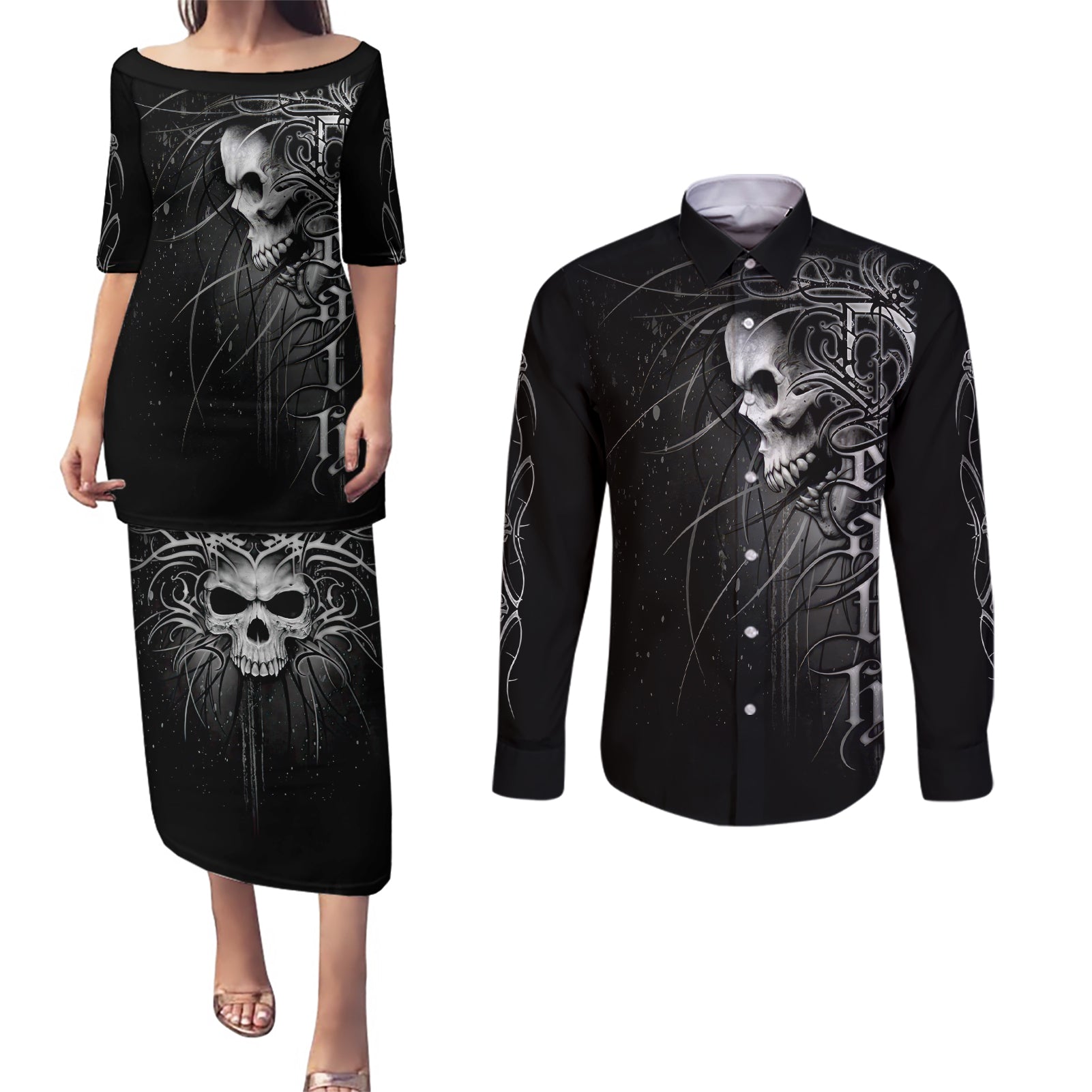 Skull Couples Matching Puletasi Dress and Long Sleeve Button Shirts Skull Death Forever - Wonder Print Shop