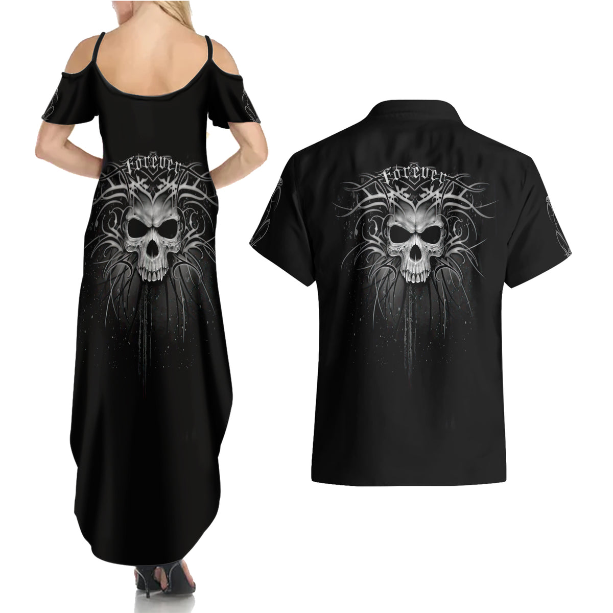 Skull Couples Matching Summer Maxi Dress and Hawaiian Shirt Skull Death Forever - Wonder Print Shop