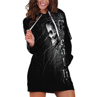Black skull graphic hoodie dress with long sleeves, front drawstring hood