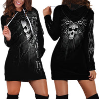 Black skull graphic hoodie dress showing front and back prints, long sleeves