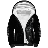 Black sherpa-lined zip hoodie with skull graphic on front
