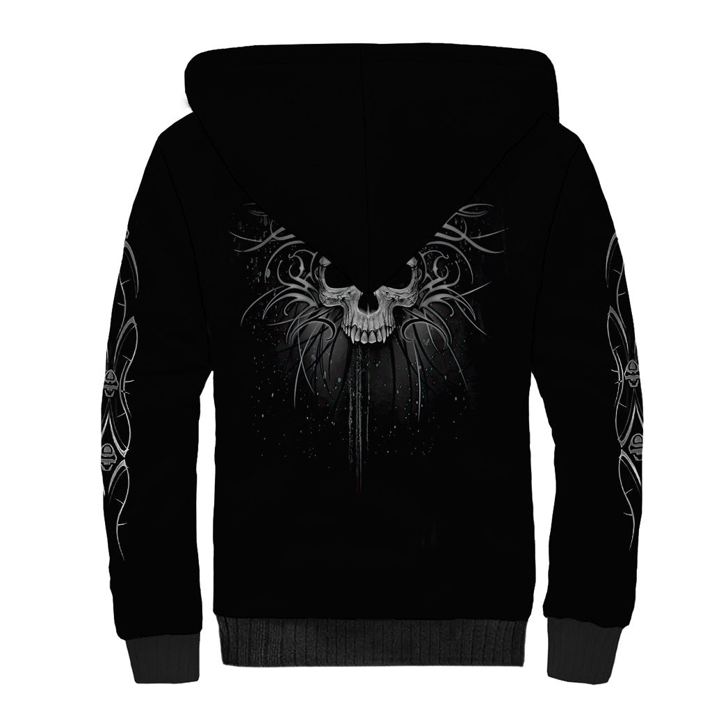 Black sherpa-lined hoodie with large back skull emblem