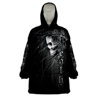 Black skull wearable blanket hoodie with large front skull graphic, long sleeves