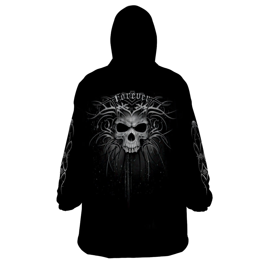 Black skull wearable blanket hoodie, back view with skull face graphic and long sleeves