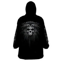 Black skull wearable blanket hoodie, back view with skull face graphic and long sleeves