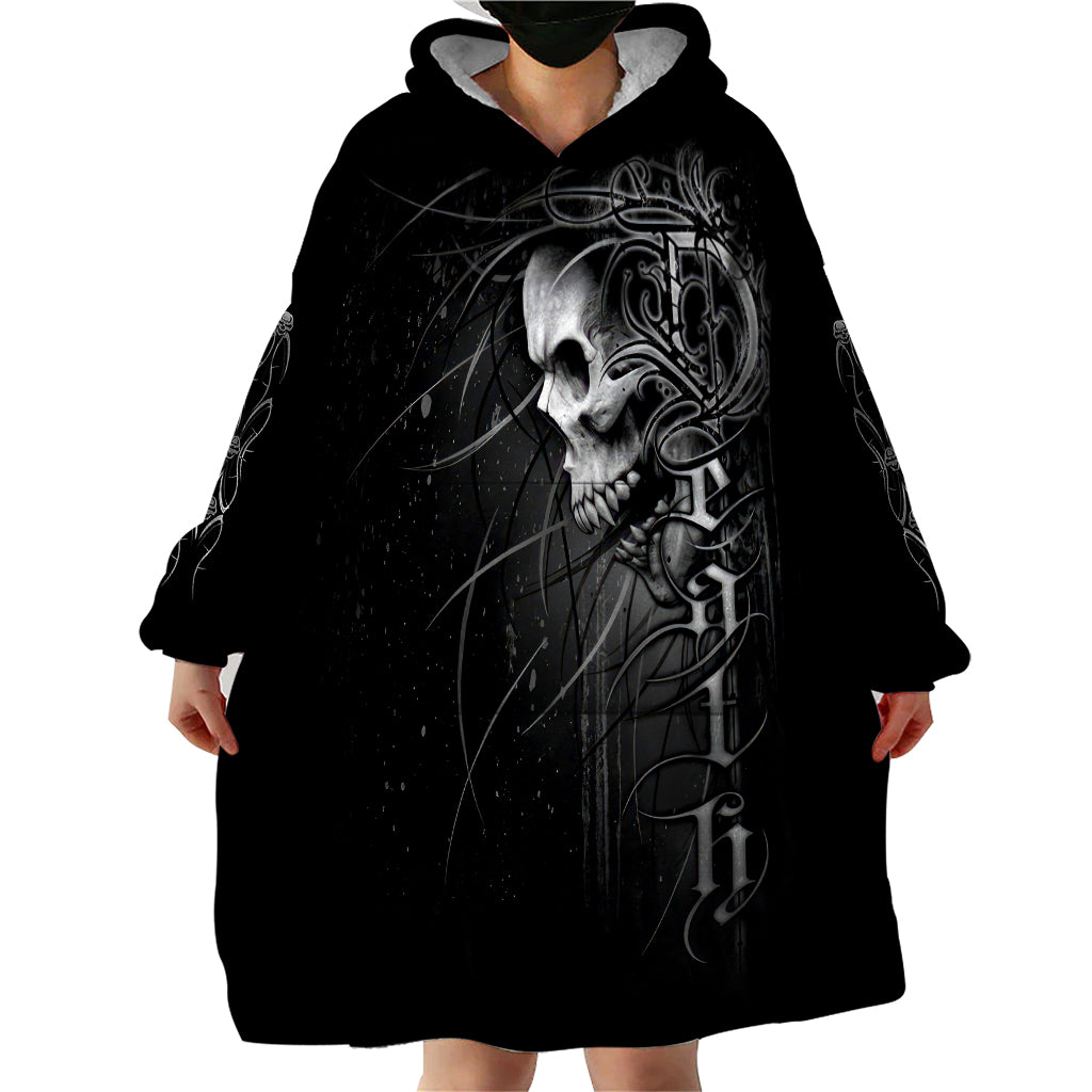 Black skull wearable blanket hoodie with hood and oversized skull print, front close-up