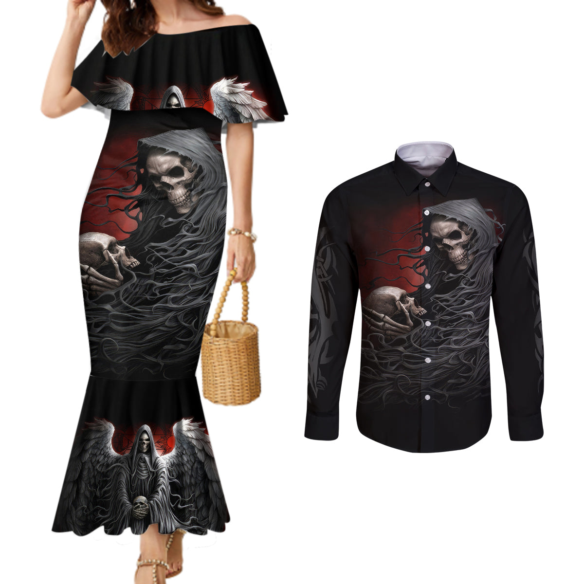 Skull Couples Matching Mermaid Dress and Long Sleeve Button Shirts Death Angel Hold Skull DT01