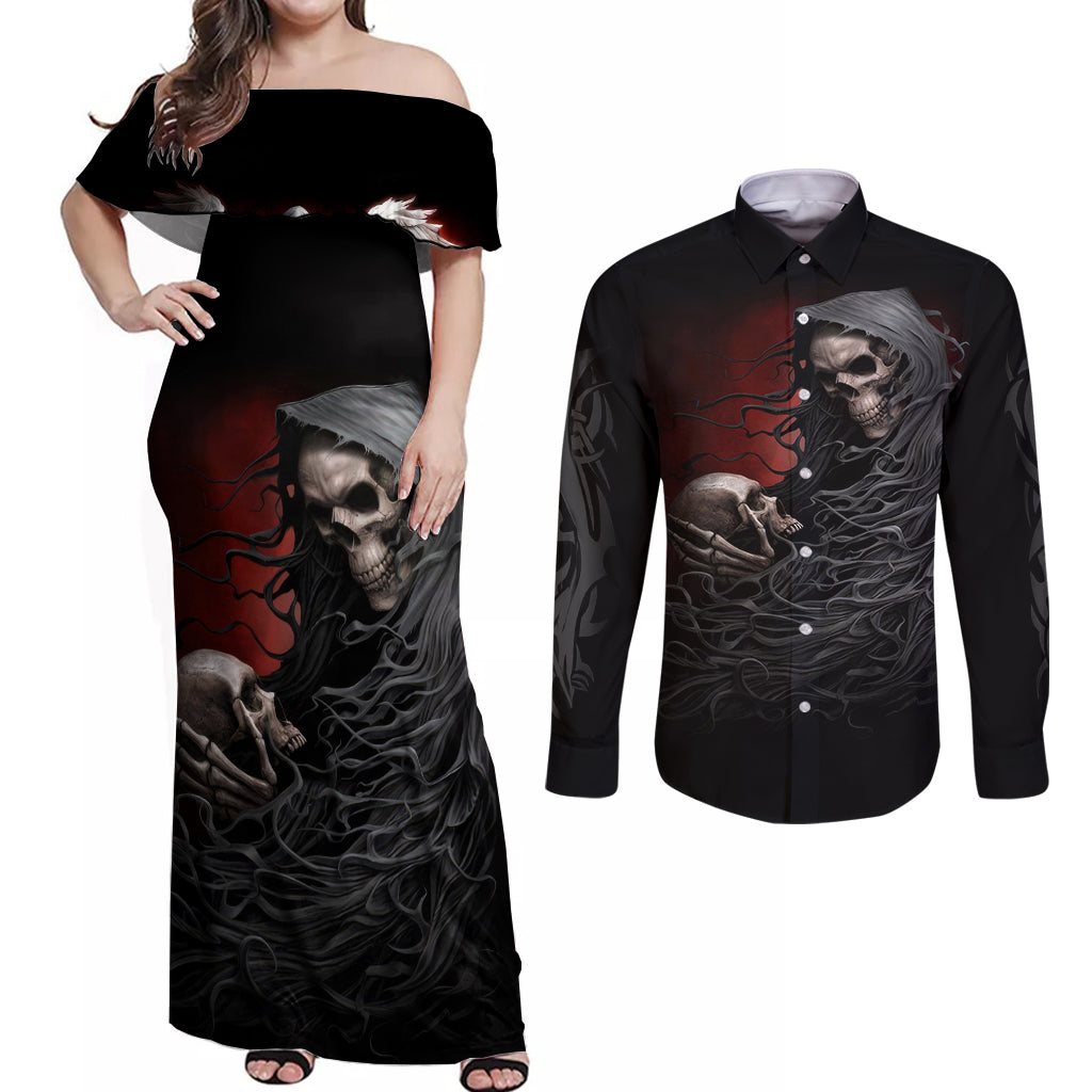 Skull Couples Matching Off Shoulder Maxi Dress and Long Sleeve Button Shirts Death Angel Hold Skull - Wonder Print Shop