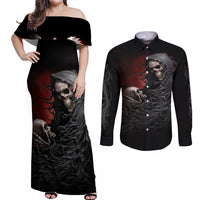 Skull Couples Matching Off Shoulder Maxi Dress and Long Sleeve Button Shirts Death Angel Hold Skull - Wonder Print Shop